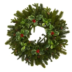 Christmas Greenery Nearly Natural 22 In. Pine Pinecone And Variegated Holly Leaf Artificial Wreath