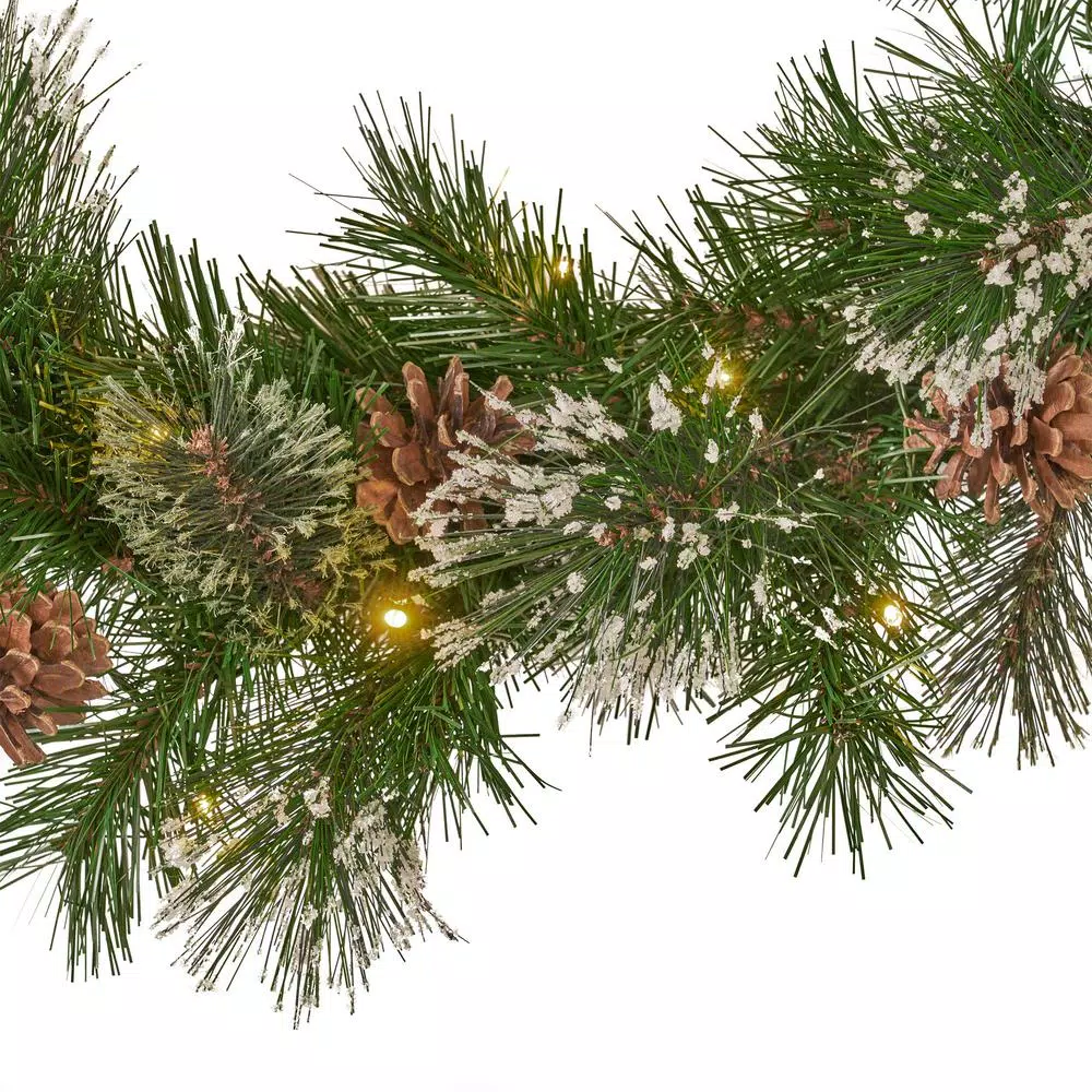 Christmas Greenery Noble House 9 Ft. Cashmere Pine Battery Operated Pre-Lit LED Artificial Christmas Garland With Snowy Branches And Pinecones 4 Christmas Greenery Noble House 9 Ft. Cashmere Pine Battery Operated Pre-Lit LED Artificial Christmas Garland With Snowy Branches And Pinecones - Image 2