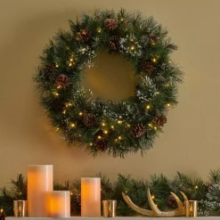 Christmas Greenery Noble House 24 In. Battery Operated Pre-Lit LED Artificial Christmas Wreath With Snowy Branches And Pinecones -Christmas Lights Sales noble house christmas wreaths 54831 1f 1000