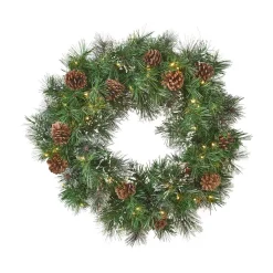 Christmas Greenery Noble House 24 In. Battery Operated Pre-Lit LED Artificial Christmas Wreath With Snowy Branches And Pinecones
