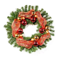 Christmas Greenery Noble House 24 In. Pre-Lit LED Artificial Christmas Wreath With Gold And Red Ornaments