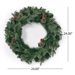Christmas Greenery Noble House 24 In. Green Battery Operated Pre-Lit Warm White LED Mixed Spruce Artificial Christmas Wreath With Pine Cones -Christmas Lights Sales noble house christmas wreaths 83822 1f 1000