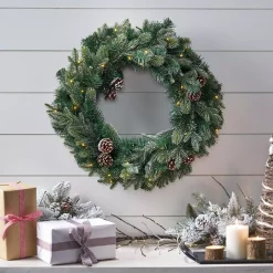 Christmas Greenery Noble House 24 In. Green Battery Operated Pre-Lit Warm White LED Mixed Spruce Artificial Christmas Wreath With Pine Cones -Christmas Lights Sales noble house christmas wreaths 83822 31 1000