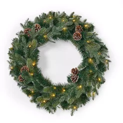 Christmas Greenery Noble House 24 In. Green Battery Operated Pre-Lit Warm White LED Mixed Spruce Artificial Christmas Wreath With Pine Cones