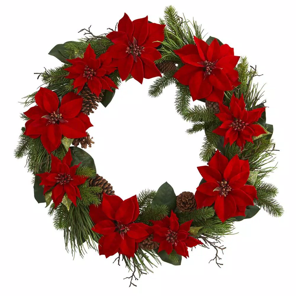 Christmas Greenery Nearly Natural 36 In. Poinsettia And Pine Wreath 3 Christmas Greenery Nearly Natural 36 In. Poinsettia And Pine Wreath
