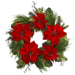 Christmas Greenery Nearly Natural 28 In. Poinsettia And Pine Wreath
