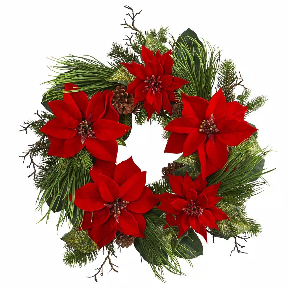 Christmas Greenery Nearly Natural 28 In. Poinsettia And Pine Wreath 3 Christmas Greenery Nearly Natural 28 In. Poinsettia And Pine Wreath