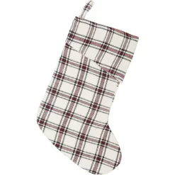 Indoor Christmas Decorations VHC Brands 15 In. 100% Cotton Amory Ivory White Farmhouse Christmas Decor Plaid Stocking