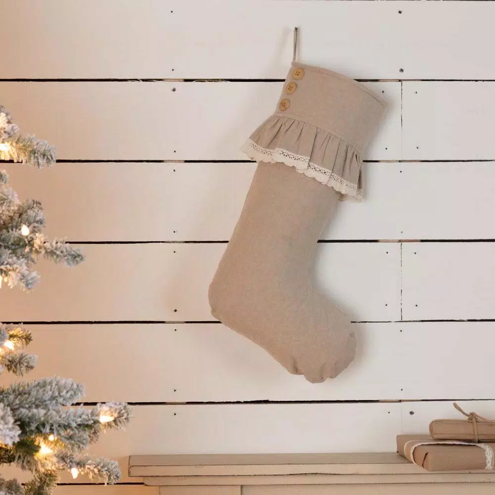Indoor Christmas Decorations VHC Brands 20 In. Cotton Carol Khaki Tan Farmhouse Christmas Decor Chambray Stocking 5 Indoor Christmas Decorations VHC Brands 20 In. Cotton Carol Khaki Tan Farmhouse Christmas Decor Chambray Stocking - Image 3