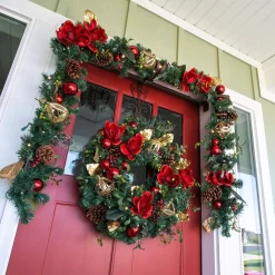 Christmas Greenery Village Lighting Company 9 Ft. Pre-Lit LED Red Magnolia Garland -Christmas Lights Sales village lighting company christmas garland v 11093 44 1000