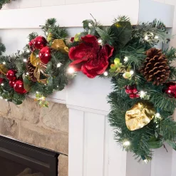 Christmas Greenery Village Lighting Company 9 Ft. Pre-Lit LED Red Magnolia Garland -Christmas Lights Sales village lighting company christmas garland v 11093 c3 1000