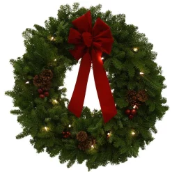 Christmas Greenery Worcester Wreath 24 In. Balsam Pre-Lit Classic Fresh Wreath With Red Velvet Bow : Multiple Ship Weeks Available